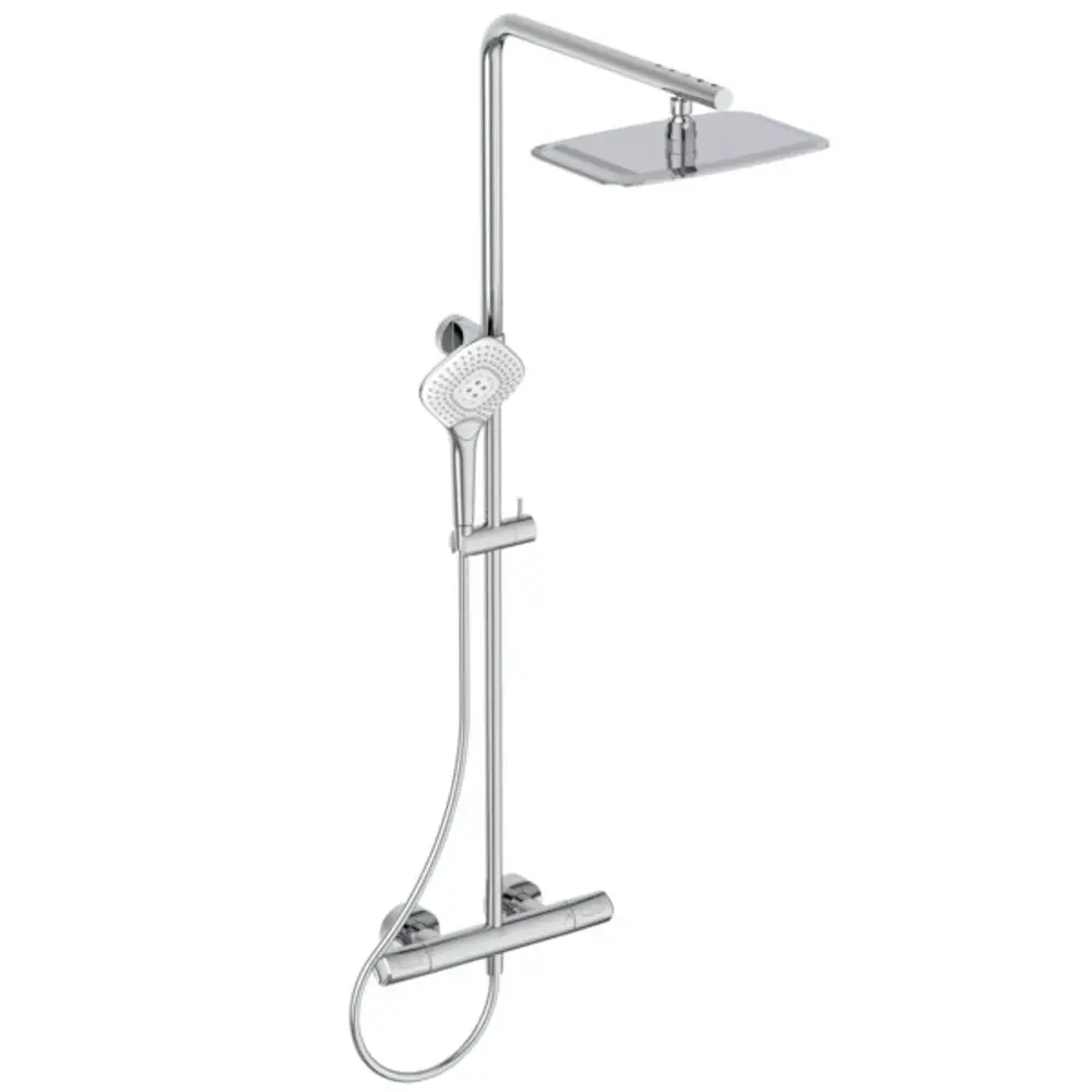 Duschsystem von Ideal Standard mit einem großen, rechteckigen Regenduschkopf und einer Handbrause. Verstellbare Höhe und Teleskopfunktion für individuellen Komfort.
